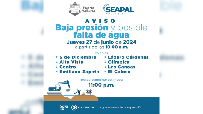 SEAPAL reparará línea de bombeo. Baja presión y posible falta de agua afectarán colonias del Centro de Puerto Vallarta este jueves 27 de jun