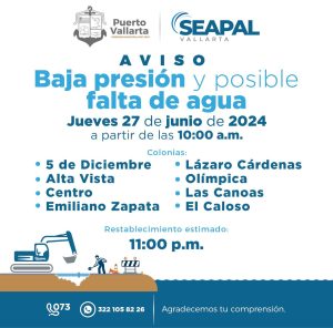 SEAPAL reparará línea de bombeo. Baja presión y posible falta de agua afectarán colonias del Centro de Puerto Vallarta este jueves 27 de jun